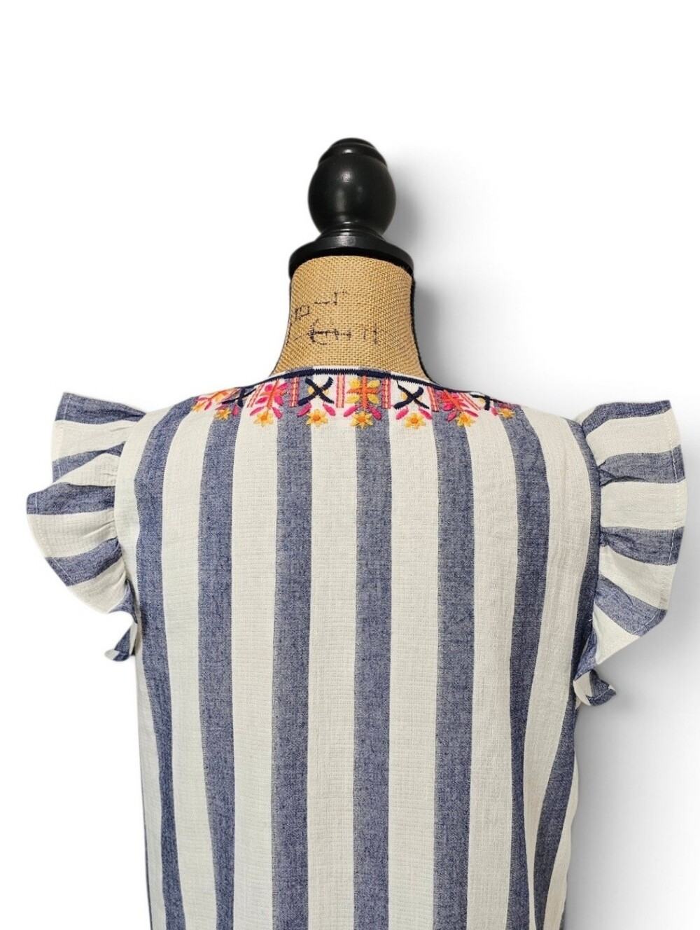 THML Boho Embroidered Floral Blue & White Striped Flutter-Sleeve Shift Dress, M - Picture 6 of 7